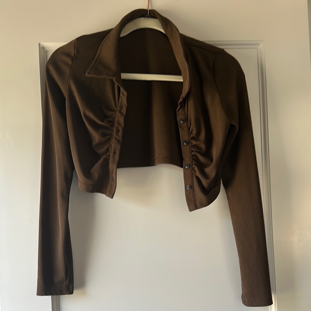 Brown Long Sleeve Cropped Cardigan